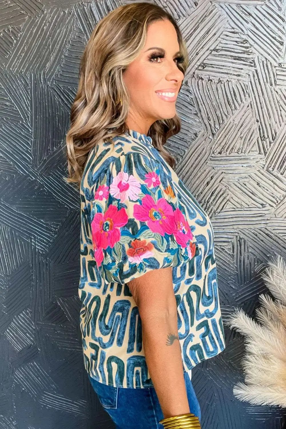 Beige Embroidered Puff Sleeve Frilled Neck Printed Top - Love Salve